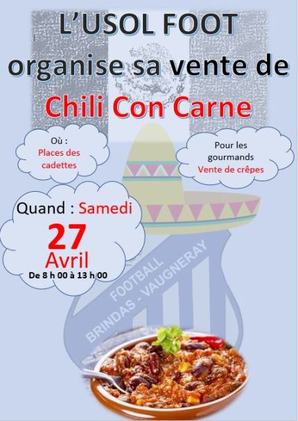 Vente de Chili con carne à emporter le 27 avril prochain organisée par l'Usol foot