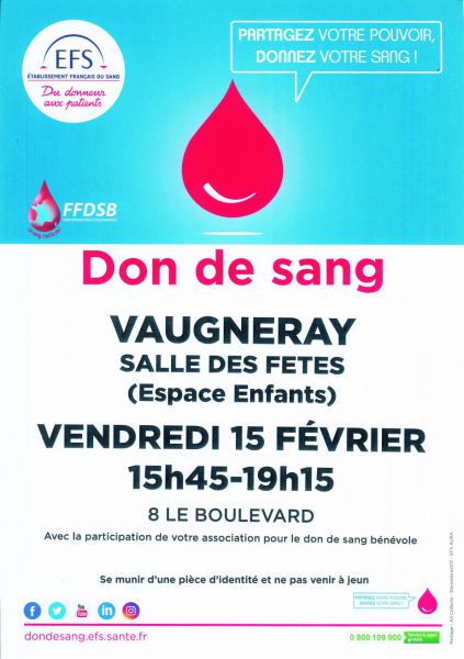 Don du sang 15 février 2019 Salle des Fêtes de Vaugneray