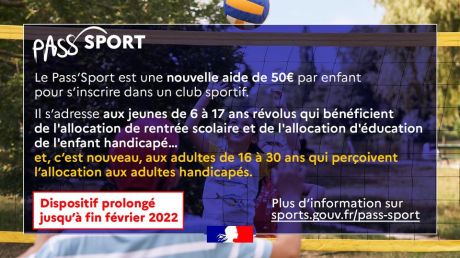 Prolongement du pass sport jusqu'à fin février 2022 et étendu aux adultes handicapés jusqu'à 30 ans