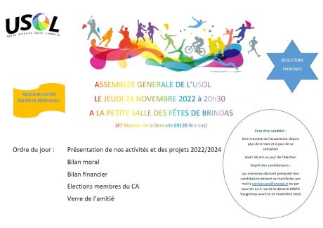 Assemblée générale USOL le 24 novembre 2022 Petite Salle des Fêtes de Brindas