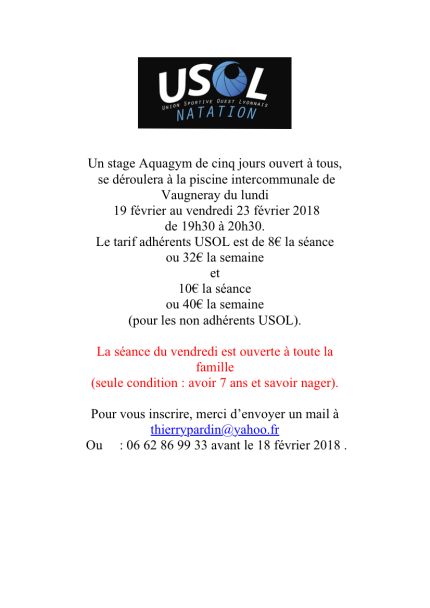 Stage aquagym USOL Vaugneray - 19 au 23 février 2018