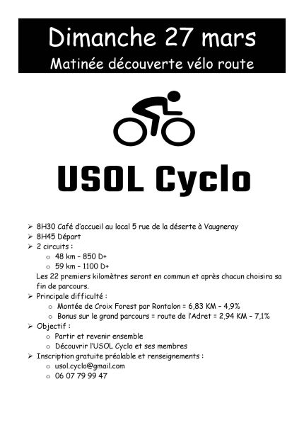 Dimanche 27 Mars : Matinée découverte Cyclo