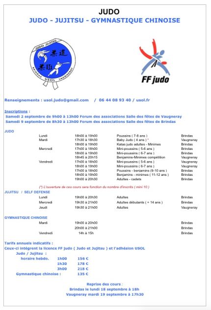 Inscriptions-Horaires - tarifs-JUDO-JUJITSU et GYMNASTIQUE CHINOISE 2017/2018