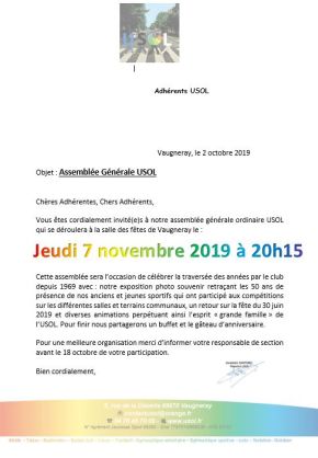 Assemblée Générale 7 novembre 2019 Salle des Fêtes de Vaugneray