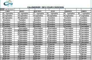Calendrier des cours saison 2025 2026